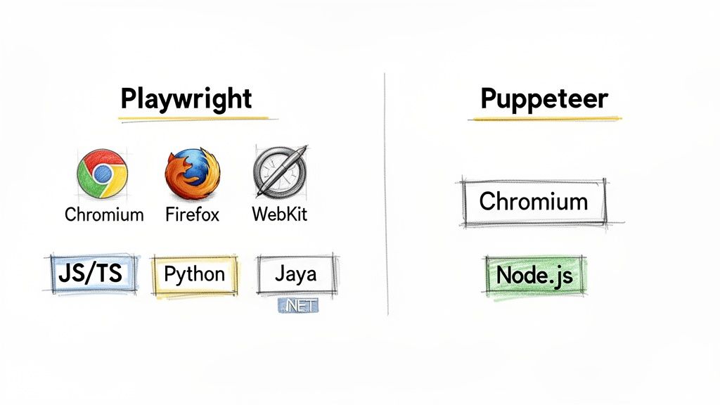 Visual comparison of Playwright and Puppeteer, highlighting their supported browsers and programming languages.
