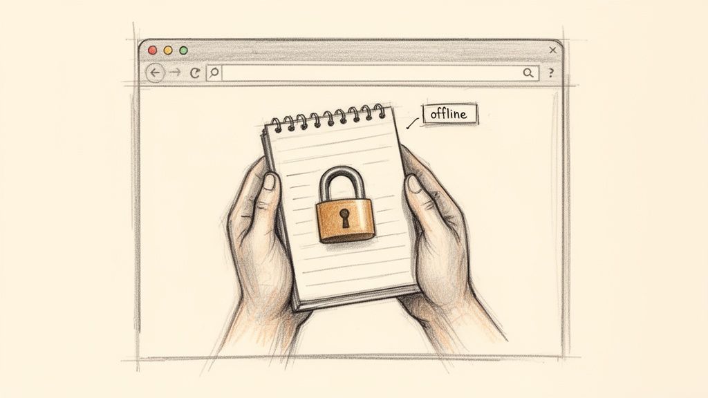 Hands holding a notepad with a padlock, inside a browser window, labeled 'offline'.