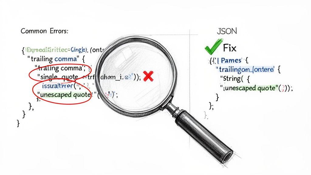 Magnifying glass highlighting common JSON syntax errors like trailing commas and unescaped quotes, with a correct JSON fix shown.