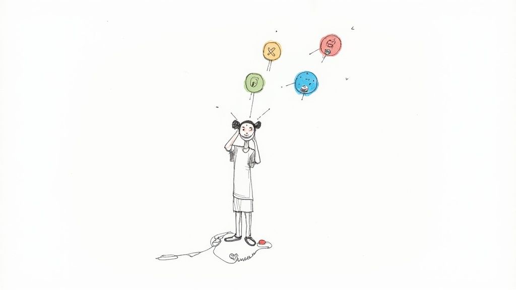 A cartoon person, holding hands to ears, has four colorful thought bubbles above their head representing different reactions or options.