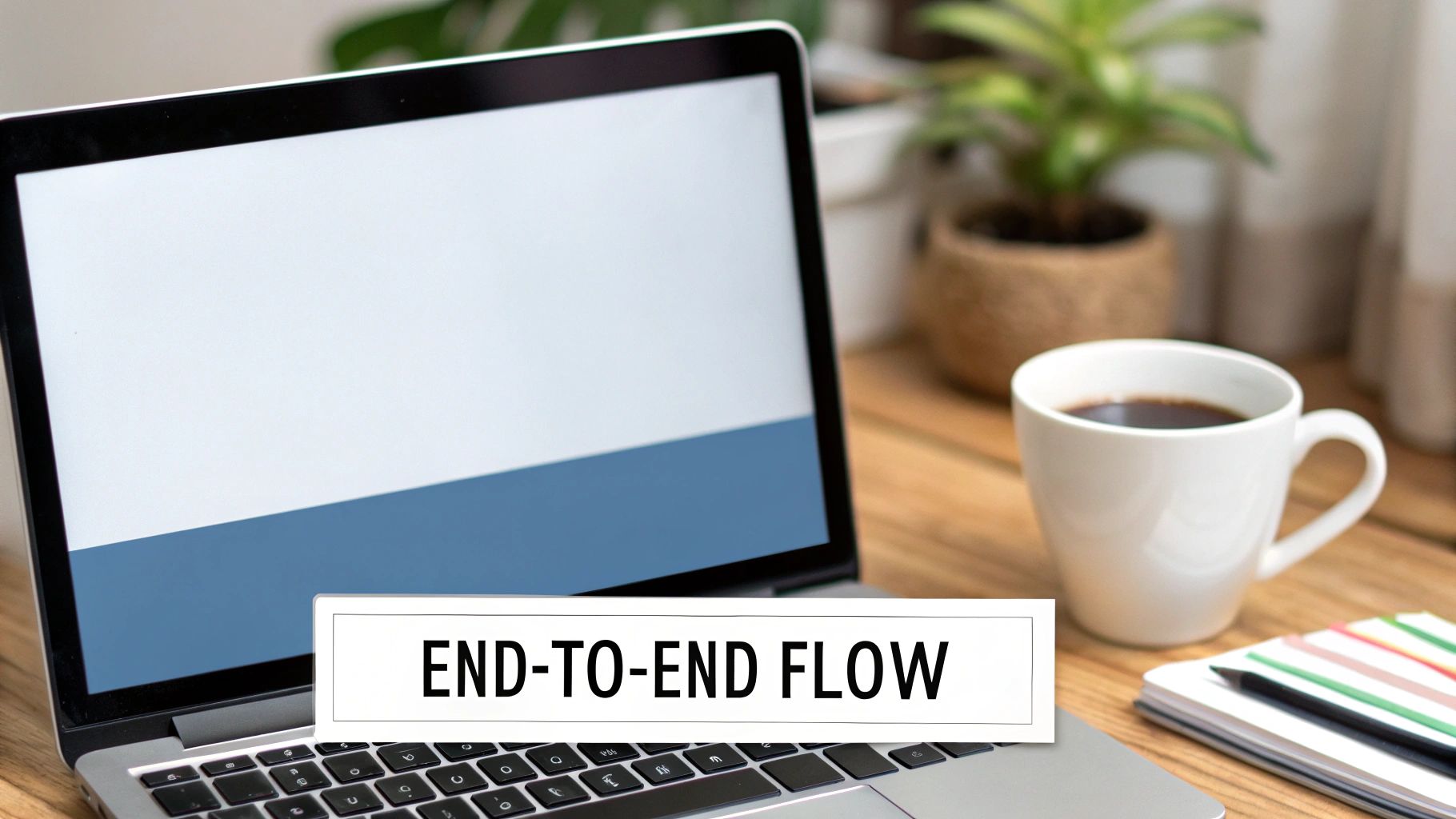 A laptop displaying 'END-TO-END FLOW' on its screen, alongside a coffee cup and notepad on a wooden desk.