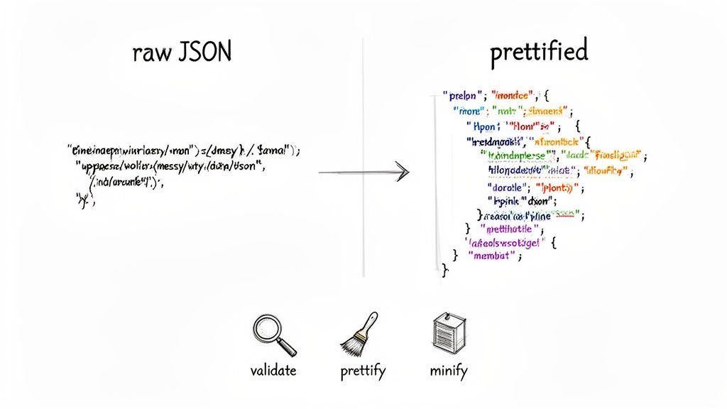 An illustration of raw JSON being prettified, with tools for validation, prettify, and minify.