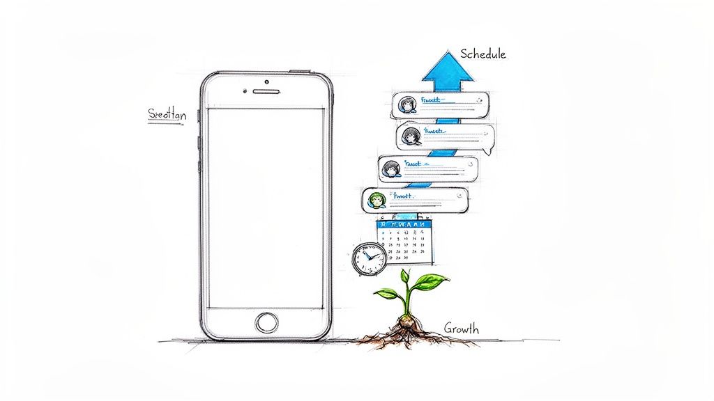 Sketch of a smartphone, tweet bubbles pointing to 'Schedule', a calendar, and a plant labeled 'Growth'.