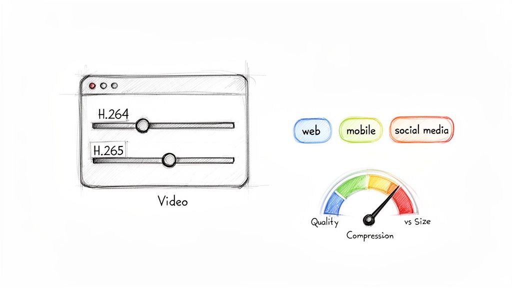 Sketch of video compression settings (H.264, H.265), web, mobile, social media options, and quality vs. size gauge.