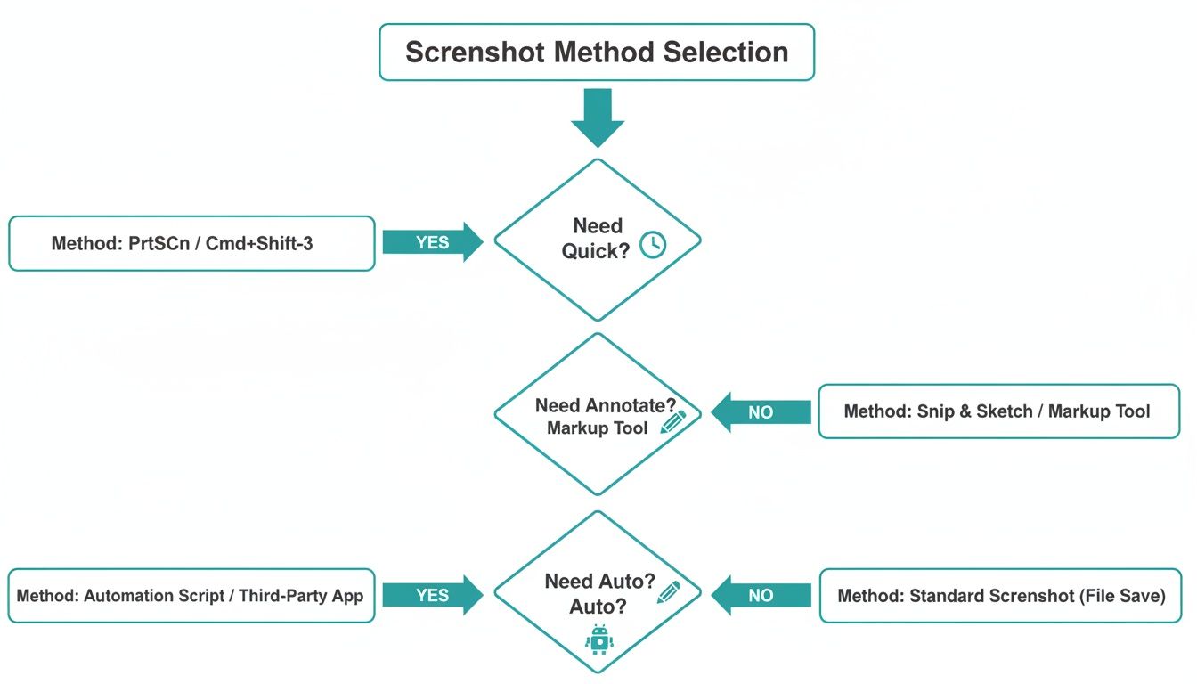 A flowchart guiding users through screenshot method selection based on needs like speed, annotation, and automation.