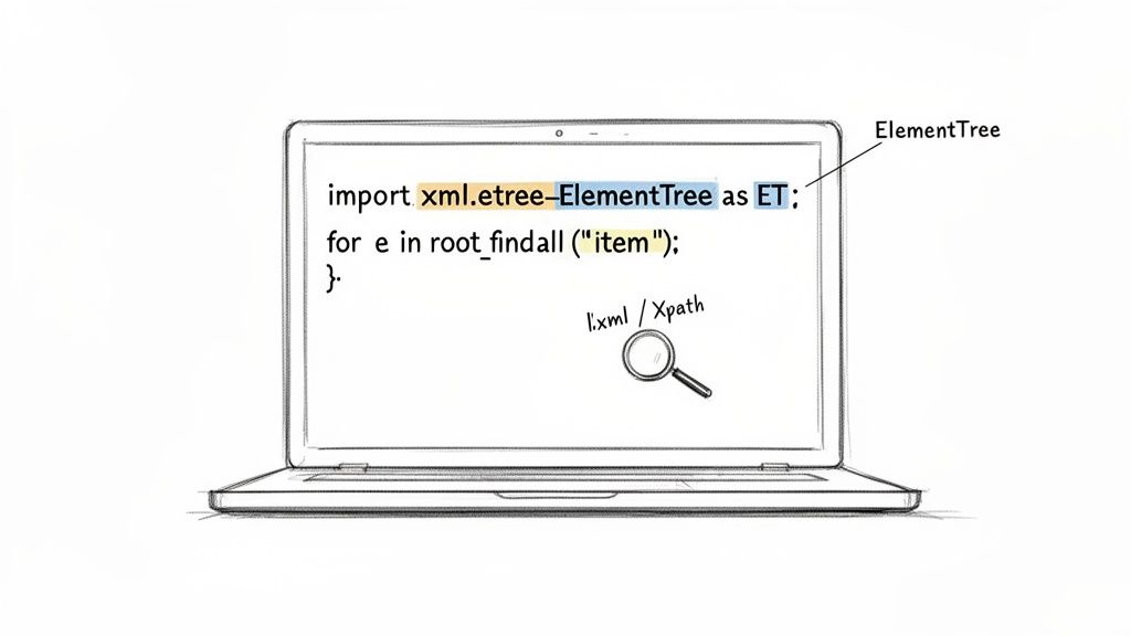 A laptop screen displaying Python code importing ElementTree for XML parsing and XPath search.