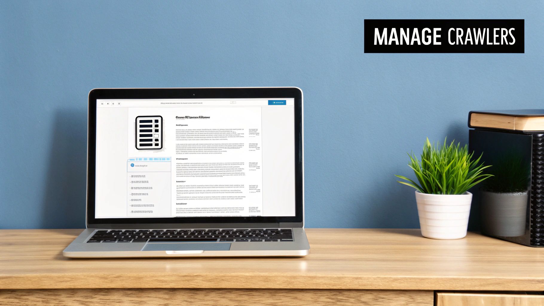 Laptop on a wooden desk displays a web page interface, with 'MANAGE CRAWLERS' text on the blue wall.