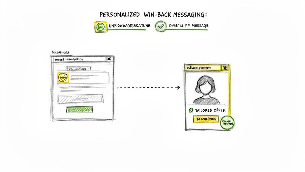 A hand-drawn diagram illustrating personalized win-back messaging, showing a generic message becoming a tailored offer for a customer.