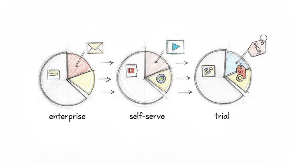 Three pie charts illustrating a customer journey through enterprise, self-serve, and trial phases.