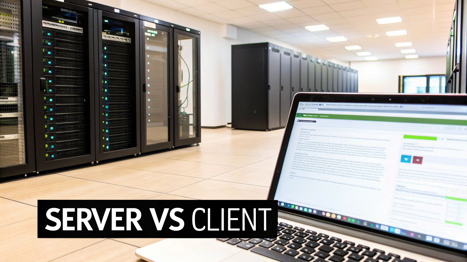 A laptop sits in the foreground of a large server room with multiple blinking server racks, illustrating server vs client.