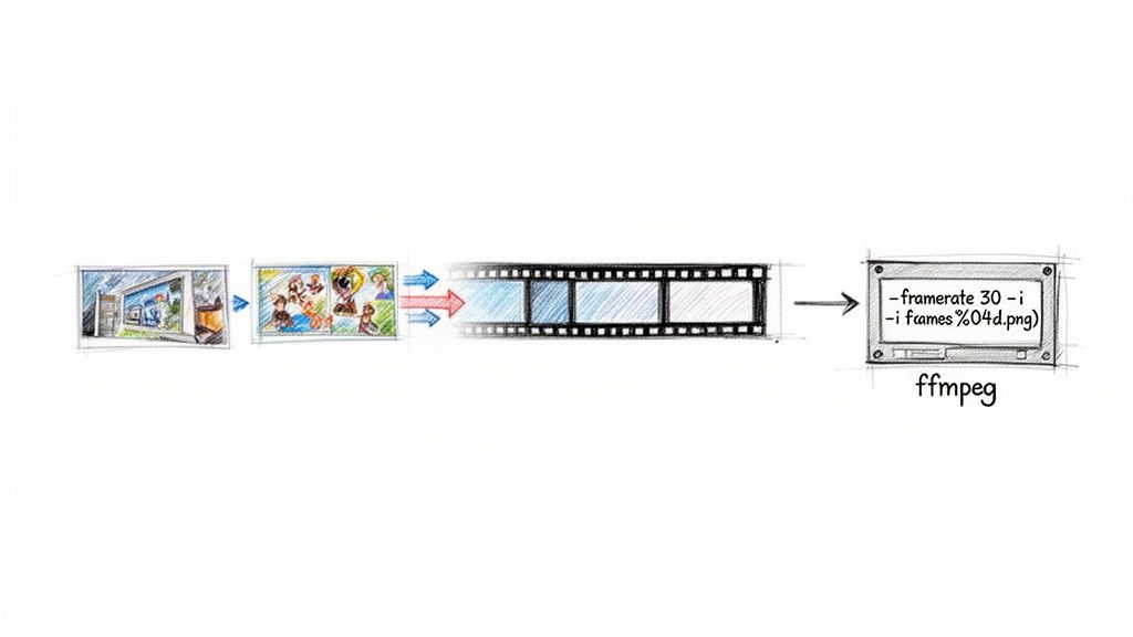 Diagram illustrating image frames combined into a filmstrip and processed by ffmpeg to create a video.