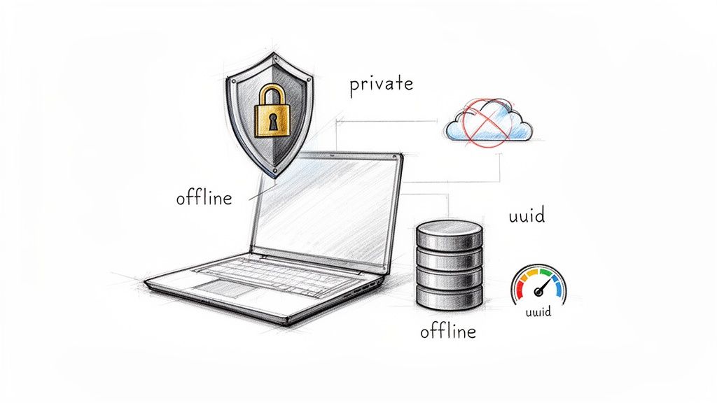 Illustration of a private, offline data system with a laptop, secure shield, database, and UUID.