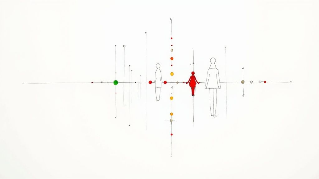 Minimalist line drawing with abstract figures and colored dots on intersecting horizontal and vertical lines.