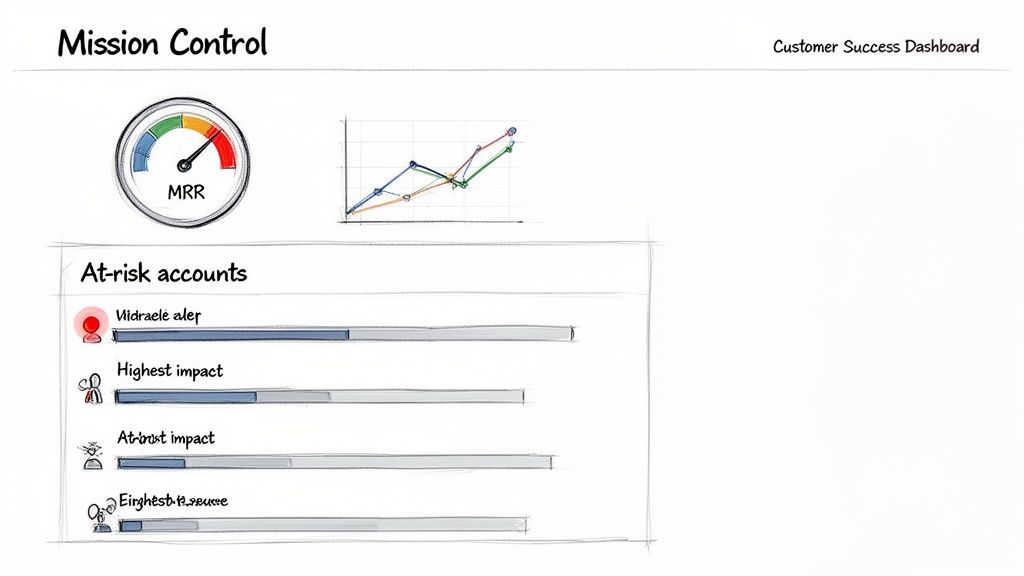 A hand-drawn sketch of a customer success dashboard displaying MRR, a trend graph, and at-risk accounts with progress bars.