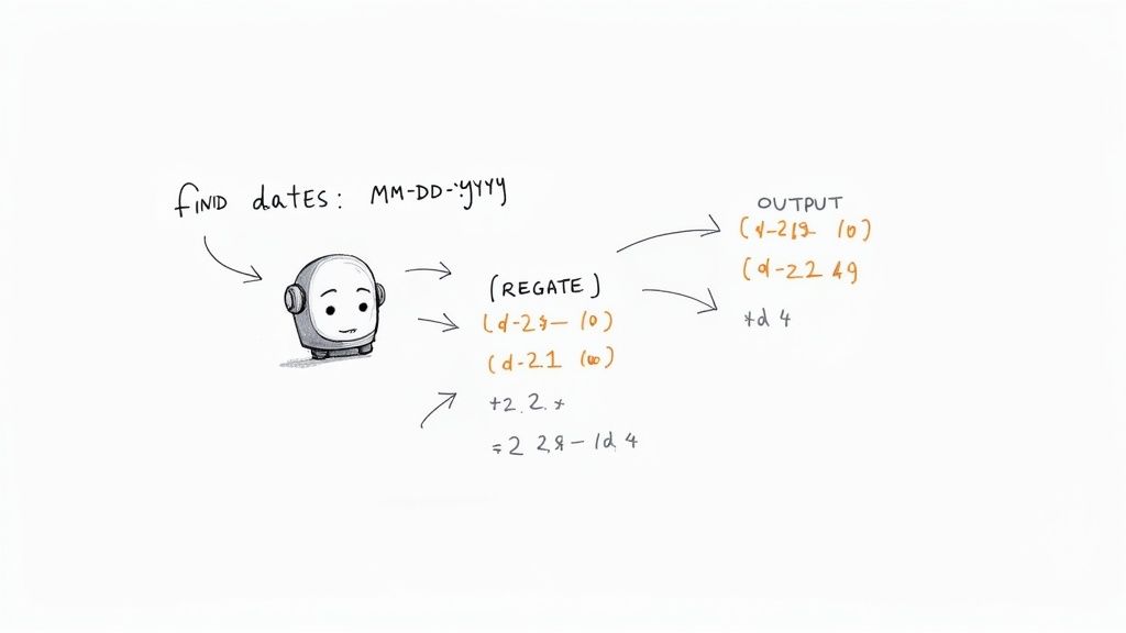 A diagram illustrates a robot finding dates using regular expressions, showing input patterns and output results.