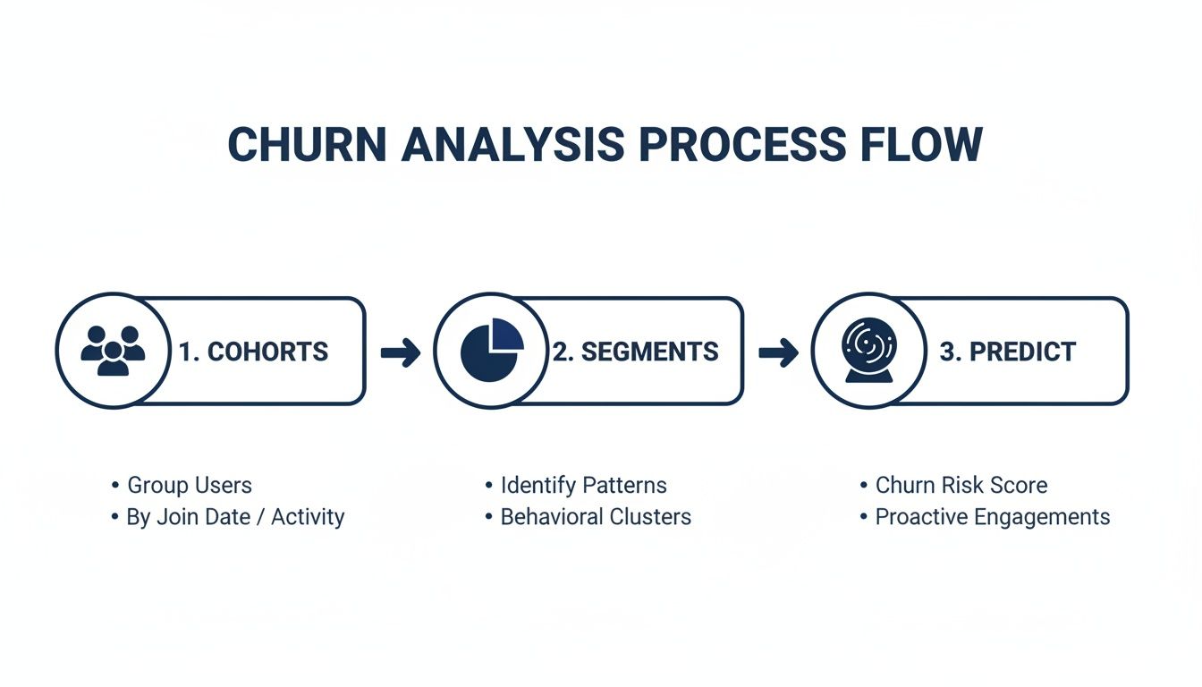 A three-step churn analysis process flow diagram showing Cohorts, Segments, and Predict steps.