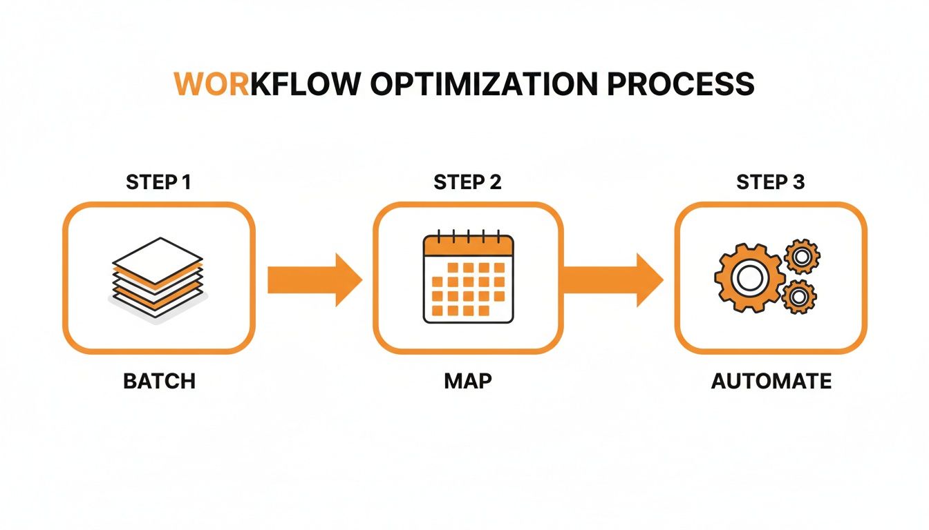 A diagram illustrating a workflow optimization process: Step 1 Batch, Step 2 Map, Step 3 Automate.