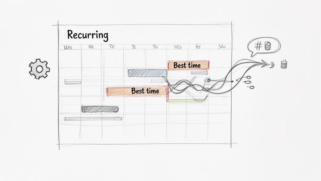 Diagram of a recurring task scheduler with optimized 'Best time' slots and data processing.