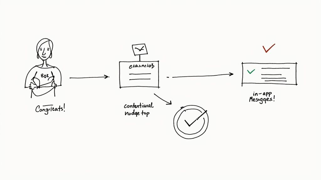 Diagram showing a bot sending congratulatory messages, processed as contentional nudges, leading to successful in-app messages.