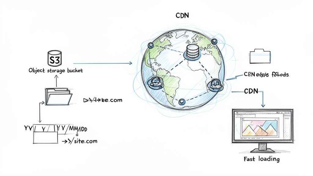 Diagram illustrating content delivery network (CDN) workflow from object storage to fast website loading.
