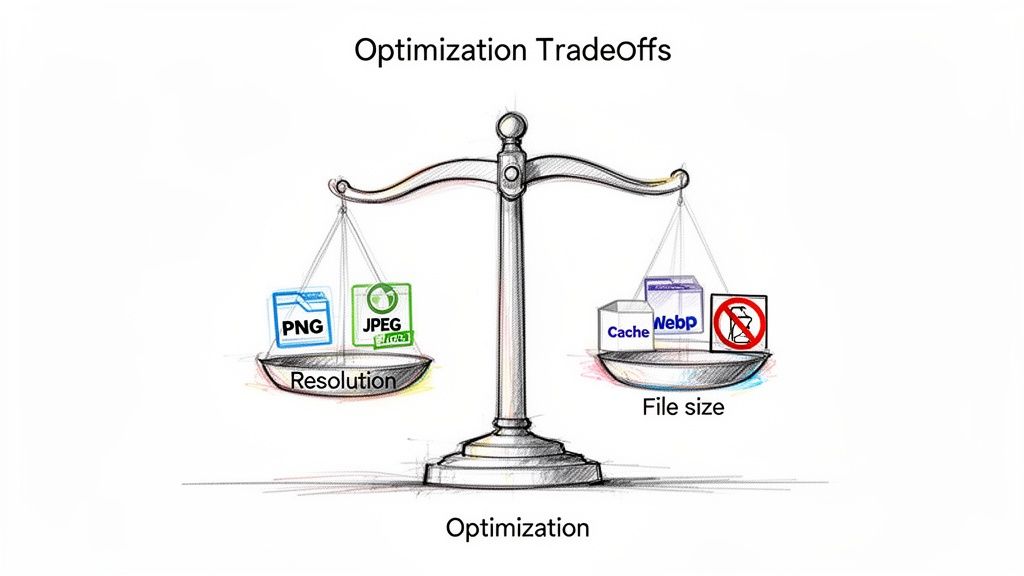 A balance scale illustrating optimization tradeoffs between resolution (PNG, JPEG) and file size (Cache, WebP).