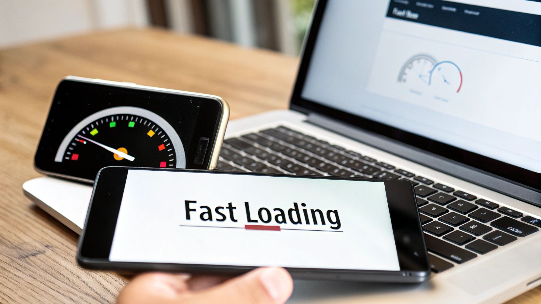 Mobile phones and laptop displaying 'Fast Loading' and speed gauges, illustrating efficient web performance.
