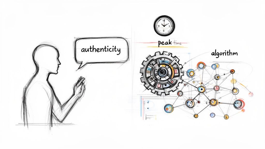 A sketch contrasting human authenticity with digital algorithms, peak time, and network processes.