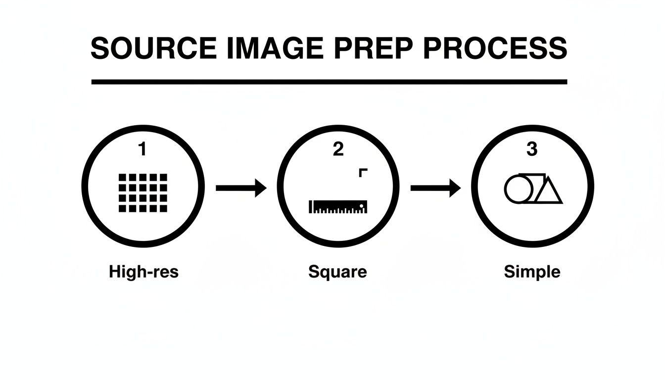 Diagram illustrating a three-step source image preparation process: high-res, square, and simple.