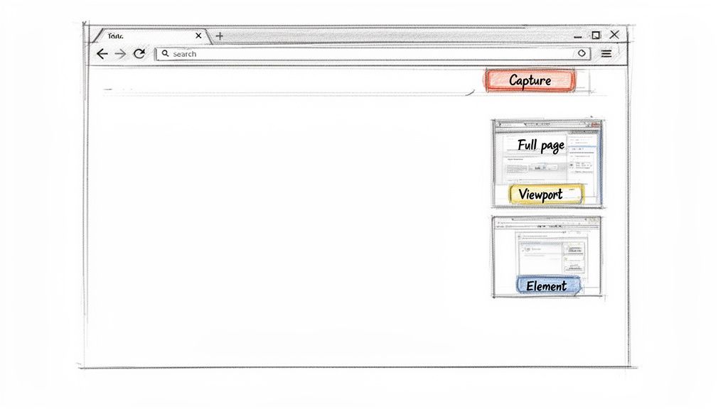A sketch of a web browser showing options for capturing screenshots: Full page, Viewport, and Element.