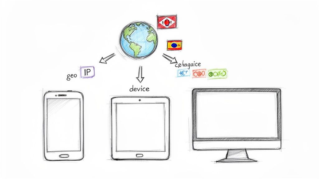 Diagram showing global content localization and personalization based on geo IP, device, and language.