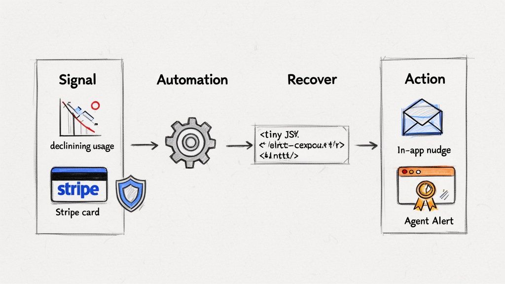 A diagram illustrating a customer retention automation workflow, moving from signals like declining usage to recovery and actions like in-app nudges.