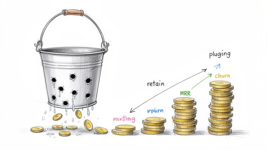 Illustration of a leaky bucket losing coins, representing client churn and MRR growth strategies.