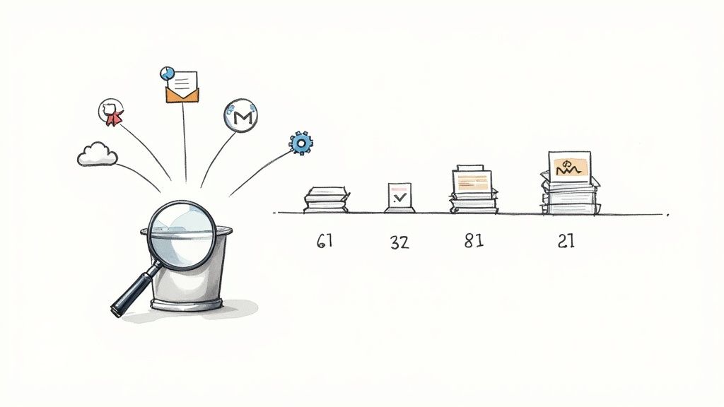 A magnifying glass monitors digital sources like cloud, email, and apps, categorizing information into labeled document stacks.