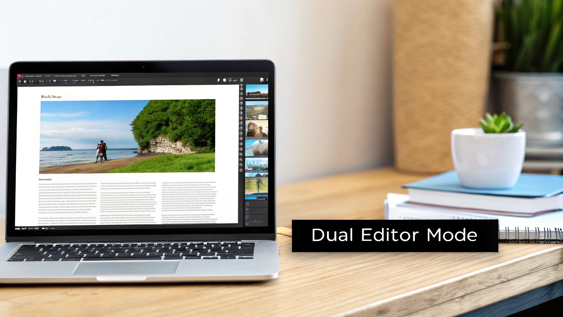 A laptop screen displays a document editor in 'Dual Editor Mode' showing an image of a couple on a beach.