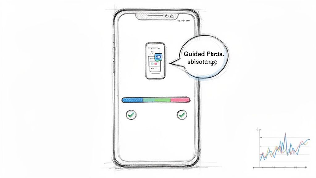 A hand-drawn smartphone sketch displays a 