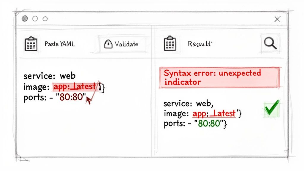 YAML online validator highlighting a syntax error in 'app: Latest' and its successful correction.