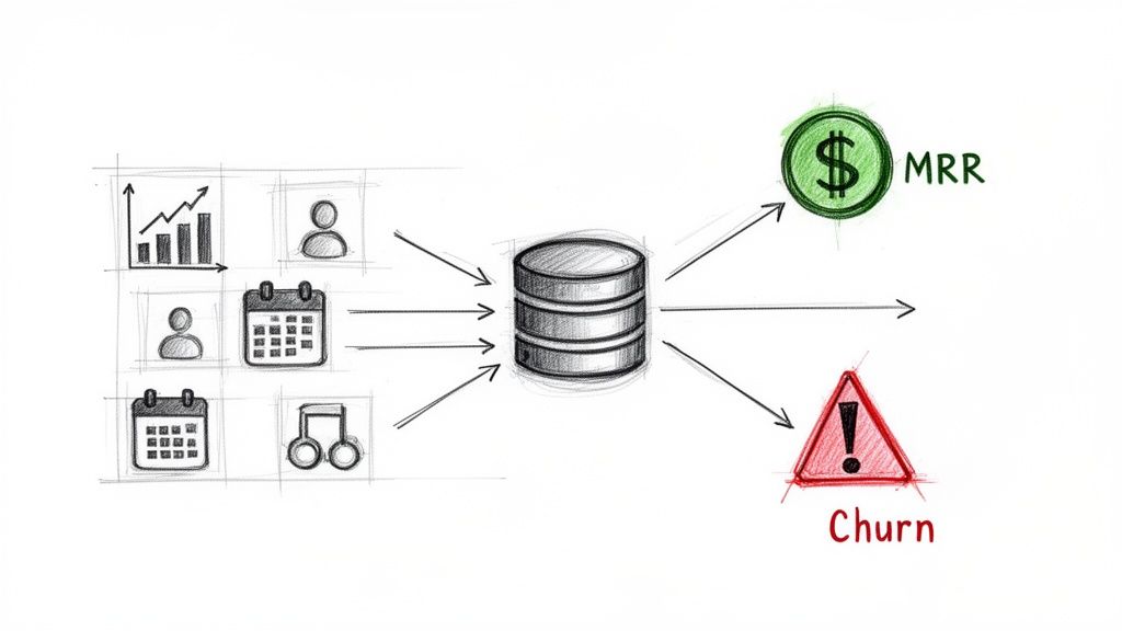 A data flow diagram illustrating various customer inputs influencing MRR and churn metrics.