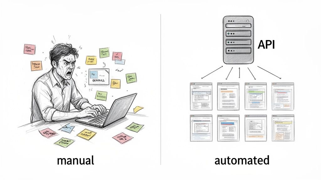 A side-by-side comparison showing a frustrated person doing manual work versus an API automating multiple website processes.