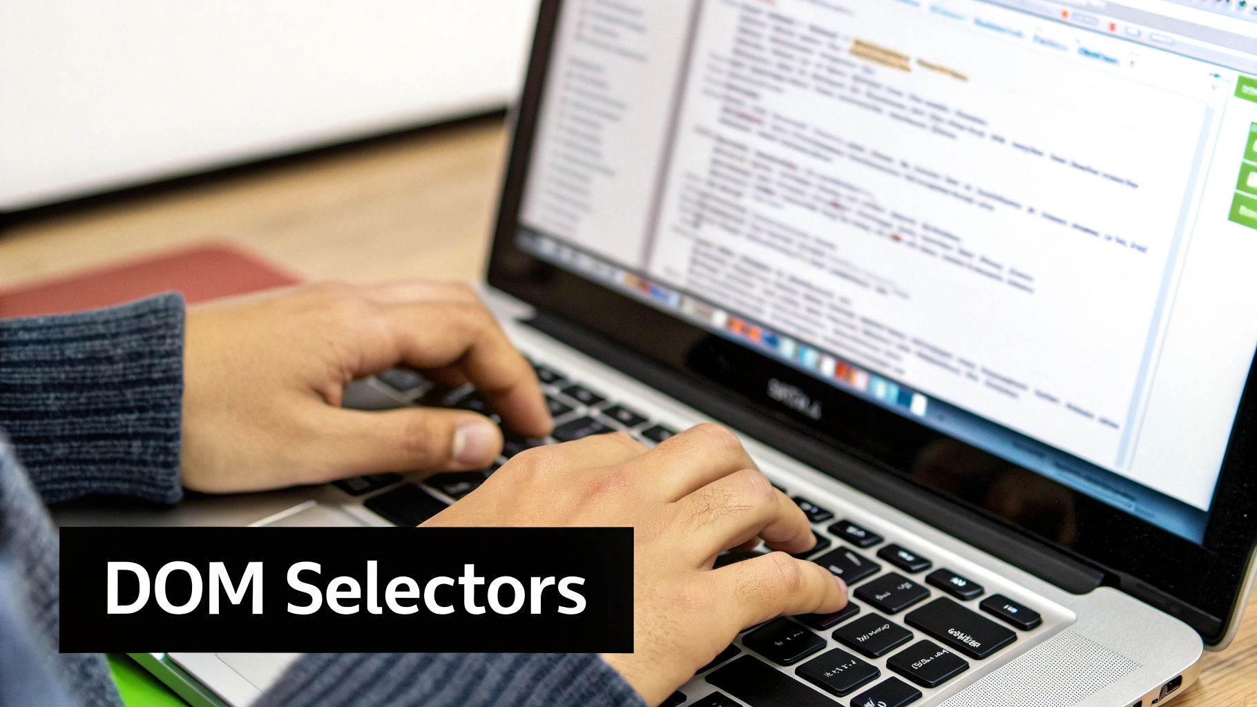 Hands typing on a laptop showing code, with a 'DOM Selectors' text overlay.
