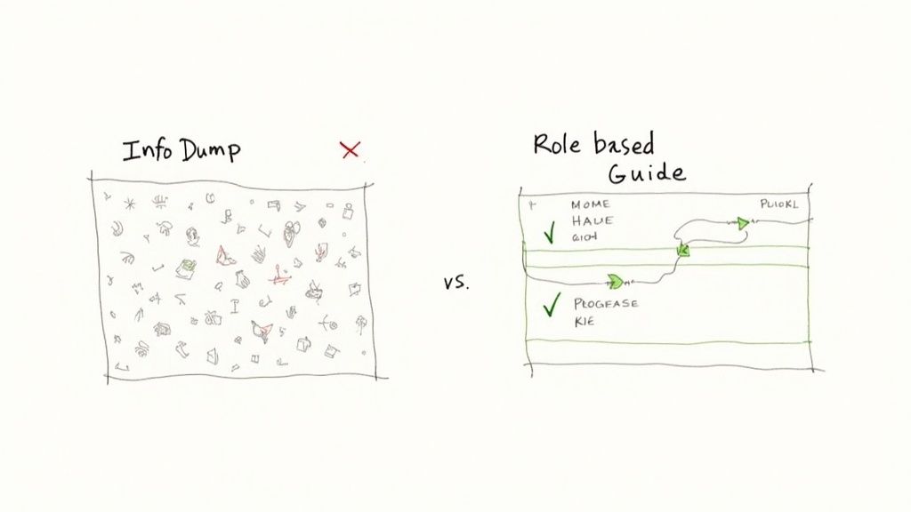 A diagram comparing an unorganized 'Info Dump' with a structured 'Role based Guide' for information flow.
