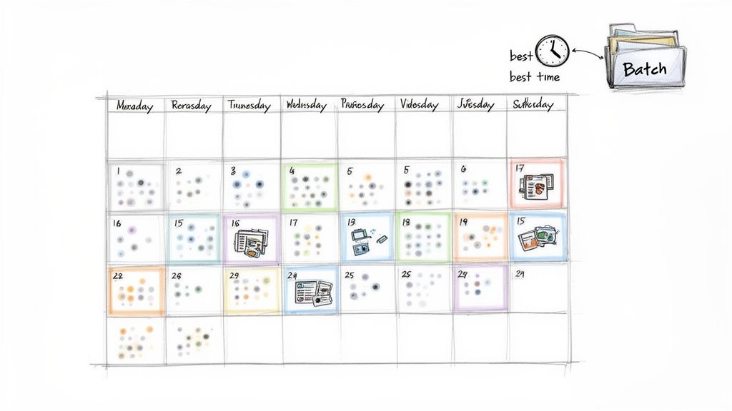 A hand-drawn calendar shows dates with colorful dots and document icons, illustrating task batching.