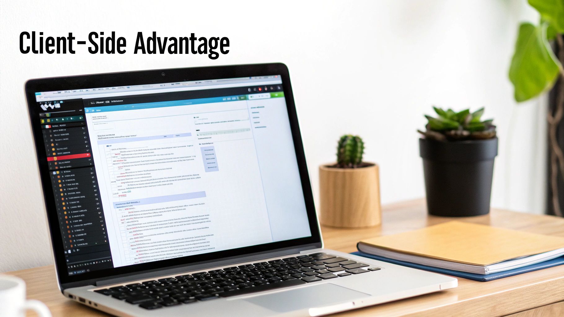 A laptop displaying code on a wooden desk with two potted plants and notebooks, illustrating client-side advantage.