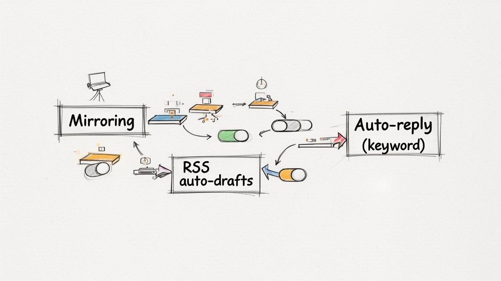 Diagram illustrating an automated content workflow connecting mirroring, RSS auto-drafts, and keyword auto-reply.