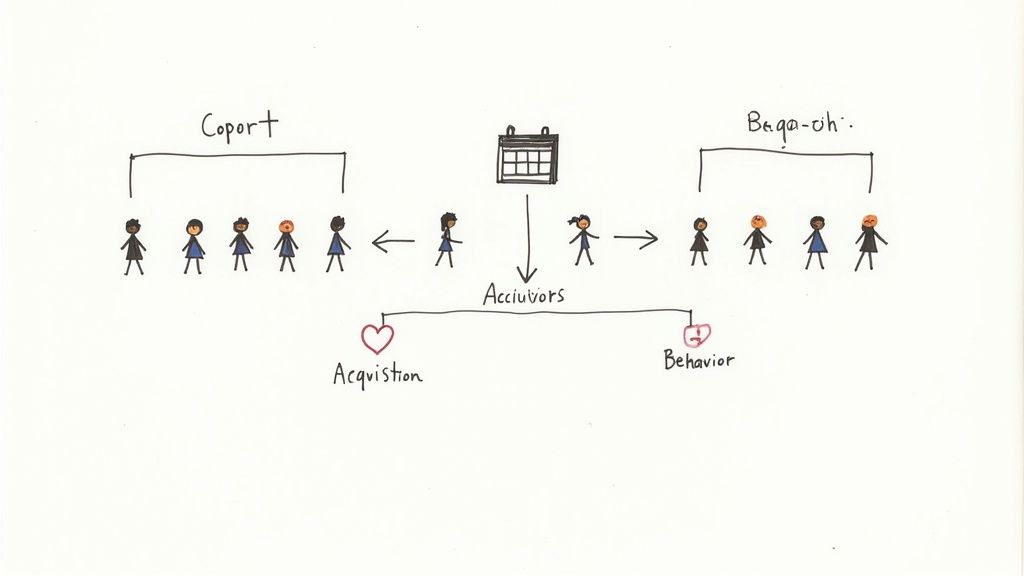 Hand-drawn diagram explaining cohort analysis with stick figures, a calendar, and labels for acquisition and behavior.