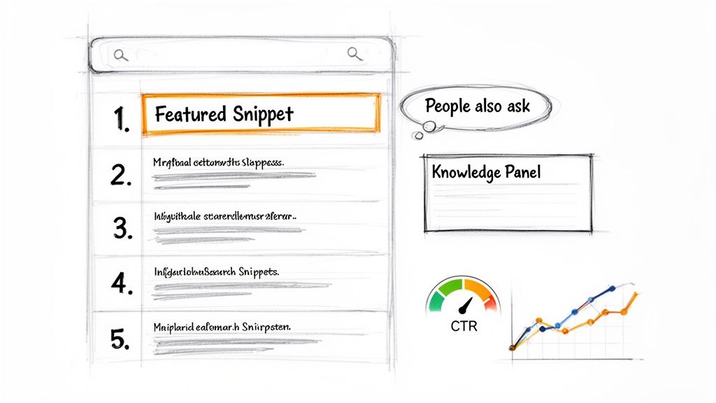A sketch illustrating a Search Engine Results Page (SERP) with a featured snippet, knowledge panel, and CTR.