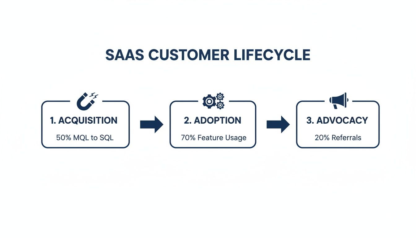 Infographic showing the three stages of the SaaS customer lifecycle: acquisition, adoption, and advocacy.