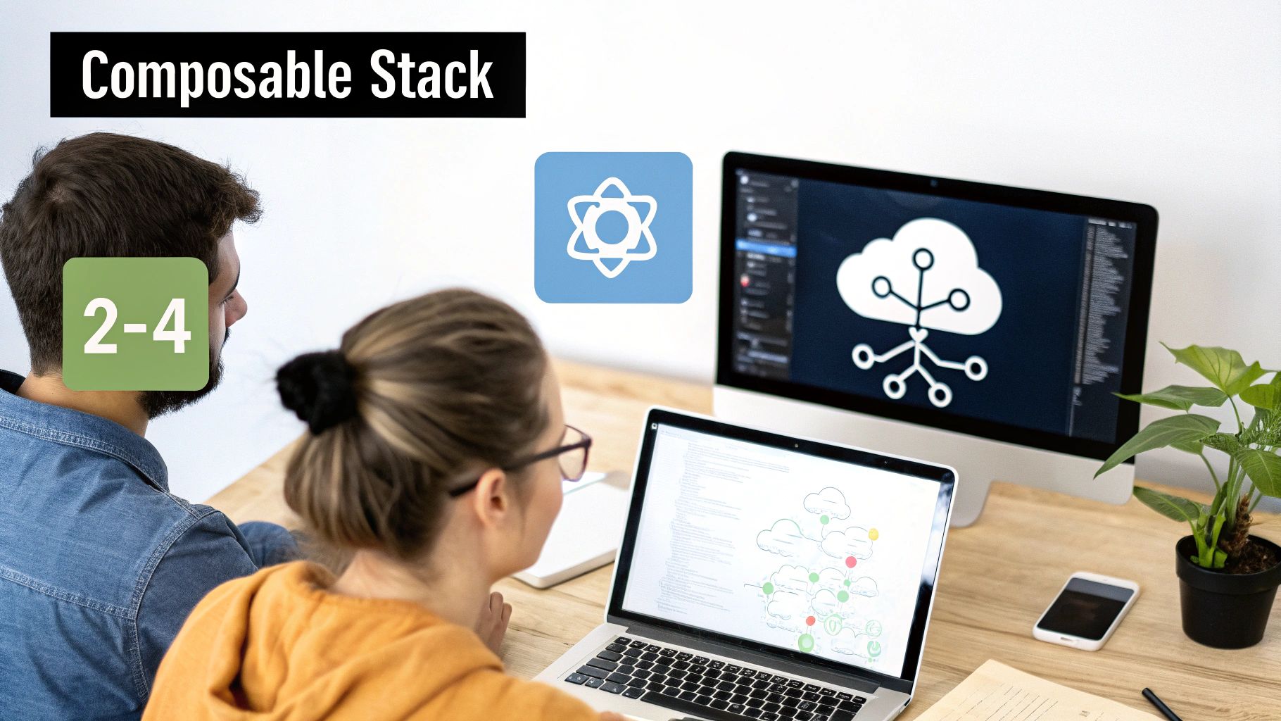 Two developers collaborate on cloud architecture using a composable stack shown on computer screens.