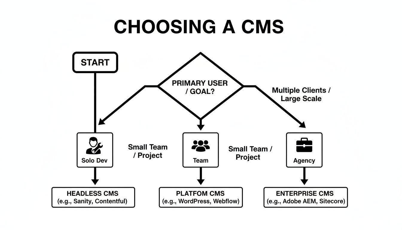 Flowchart detailing CMS choices for Solo Dev (Headless), Team (Platform), and Agency (Enterprise).