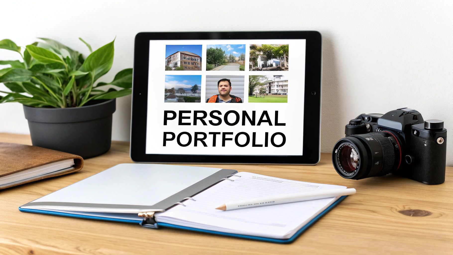 A desk with a tablet displaying a 'PERSONAL PORTFOLIO' of images, alongside a camera, notebooks, and a plant.