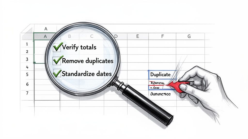A magnifying glass over an Excel sheet highlights data cleaning tasks like verifying totals and removing duplicates, with a hand erasing a duplicate entry.